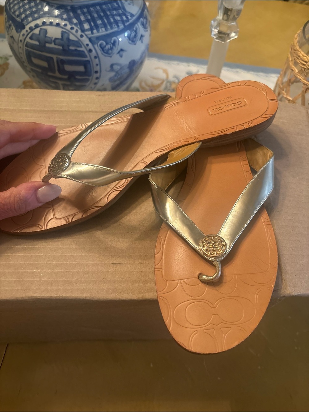 Coach Gold Leather Thong Sandals with Signature Embossed Footbed